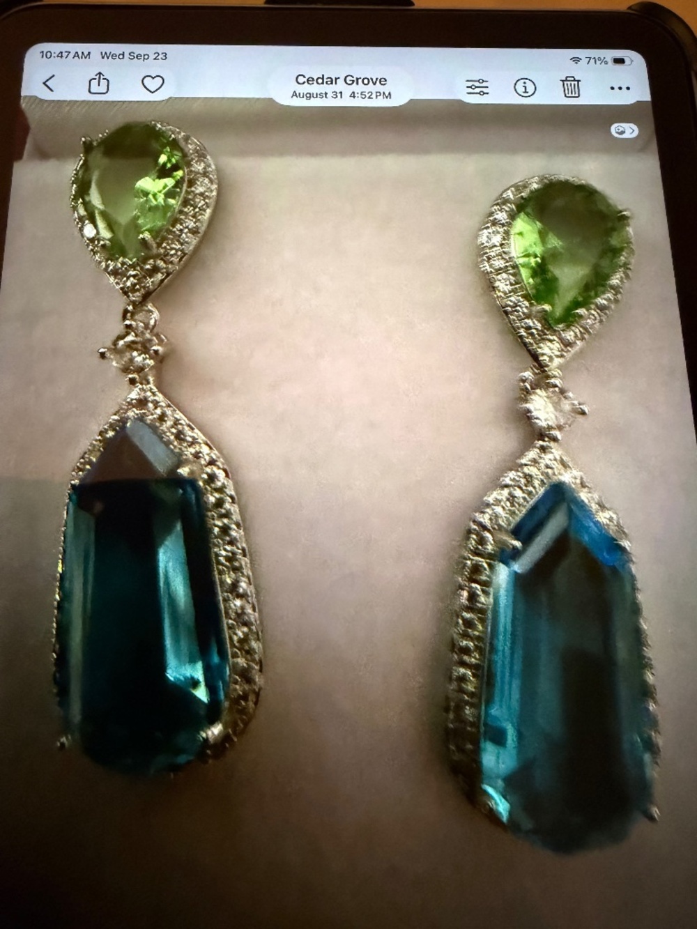 Peridot, Blue Topaz, and White Sapphire Drop Earrings: 14kt White Gold/Silver